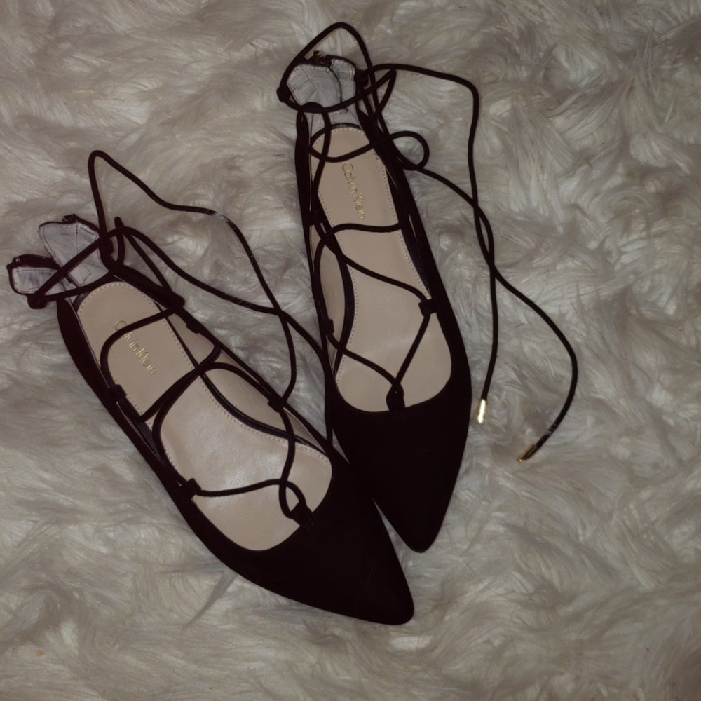 Calvin Klein black suede lace up flats 8.5US